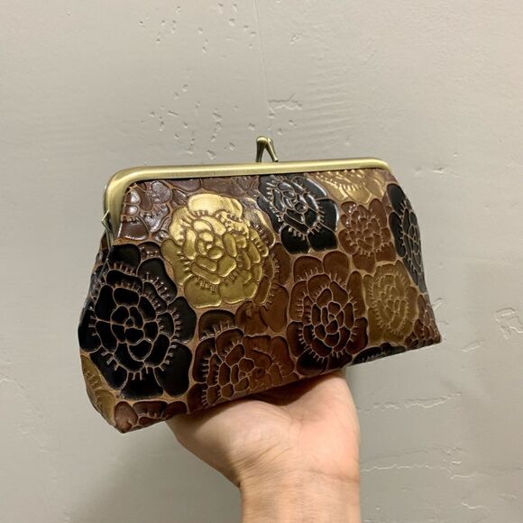 Handmade Genuine Leather Floral Embossed, Metal Frame Small Clutch/Phone Case - Picture 3 of 11